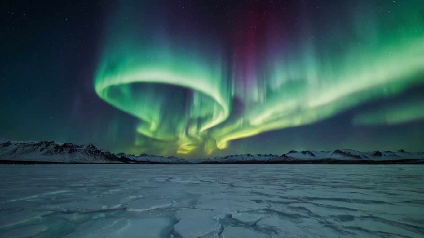 Vibrant Northern Lights over icy landscape