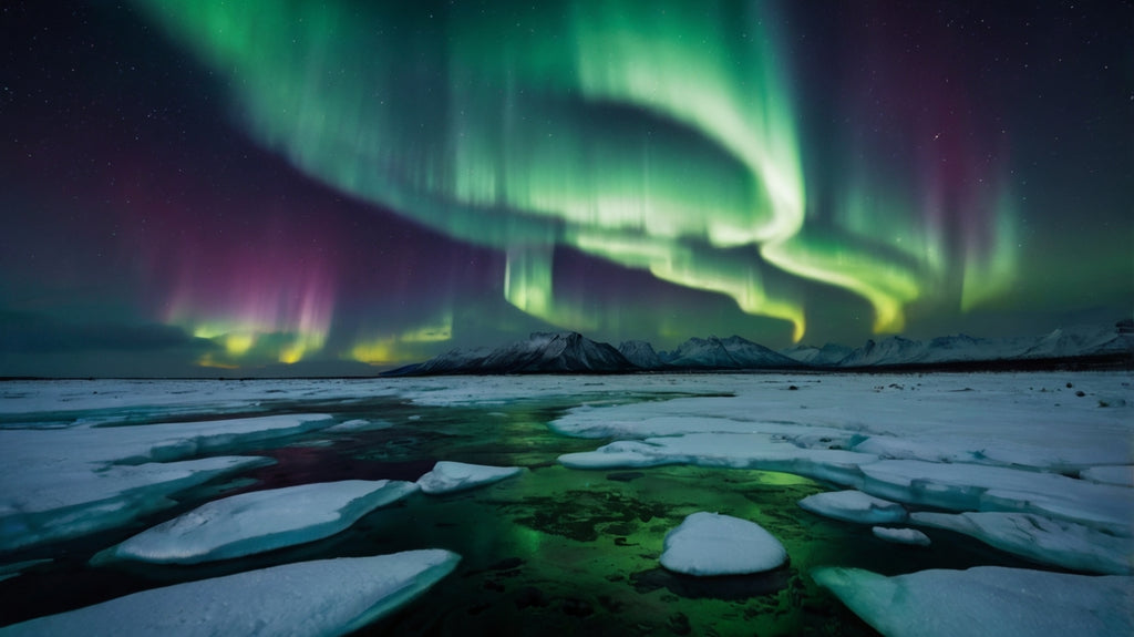 Vibrant Northern Lights over icy landscape
