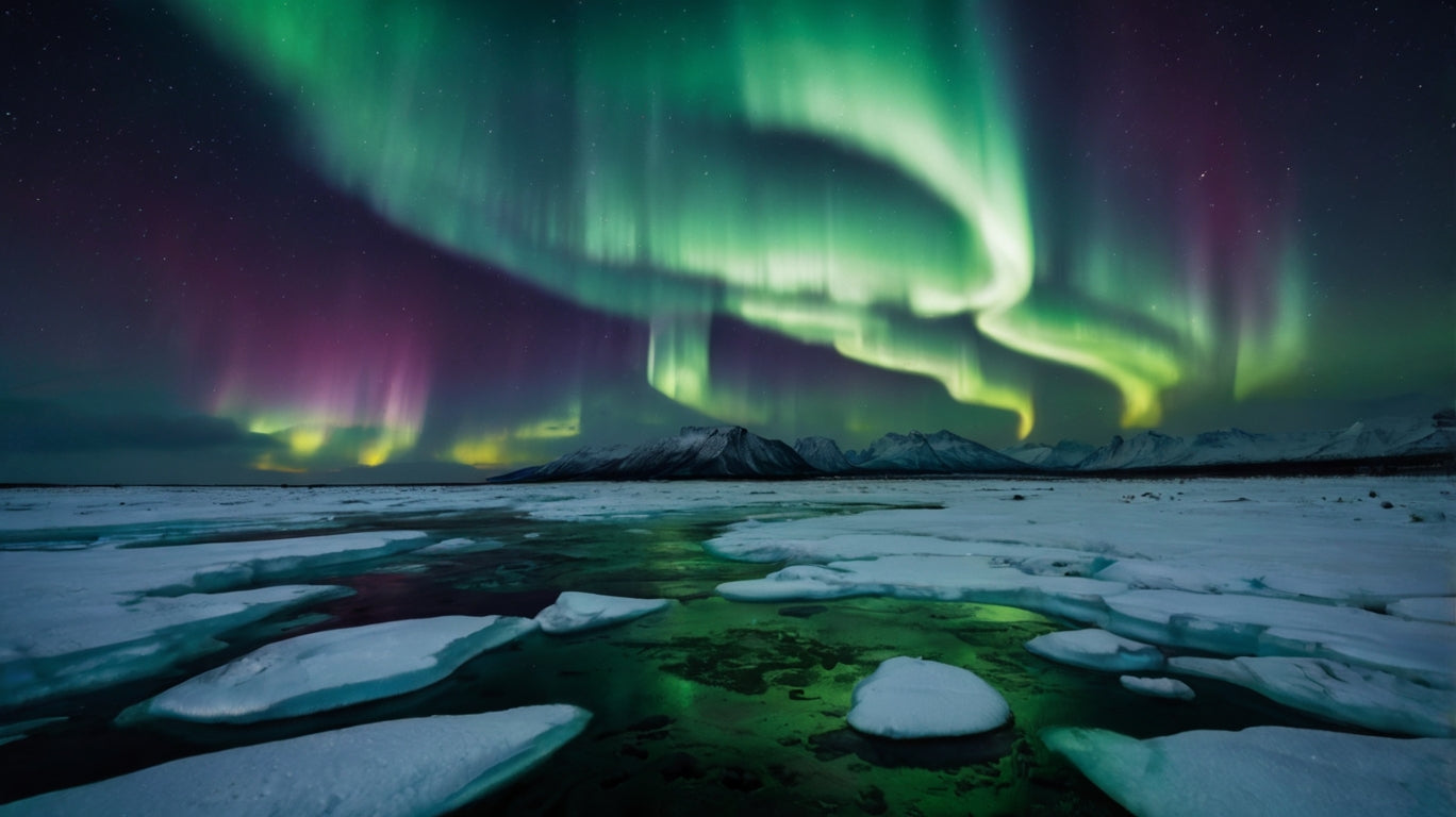 Vibrant Northern Lights over icy landscape