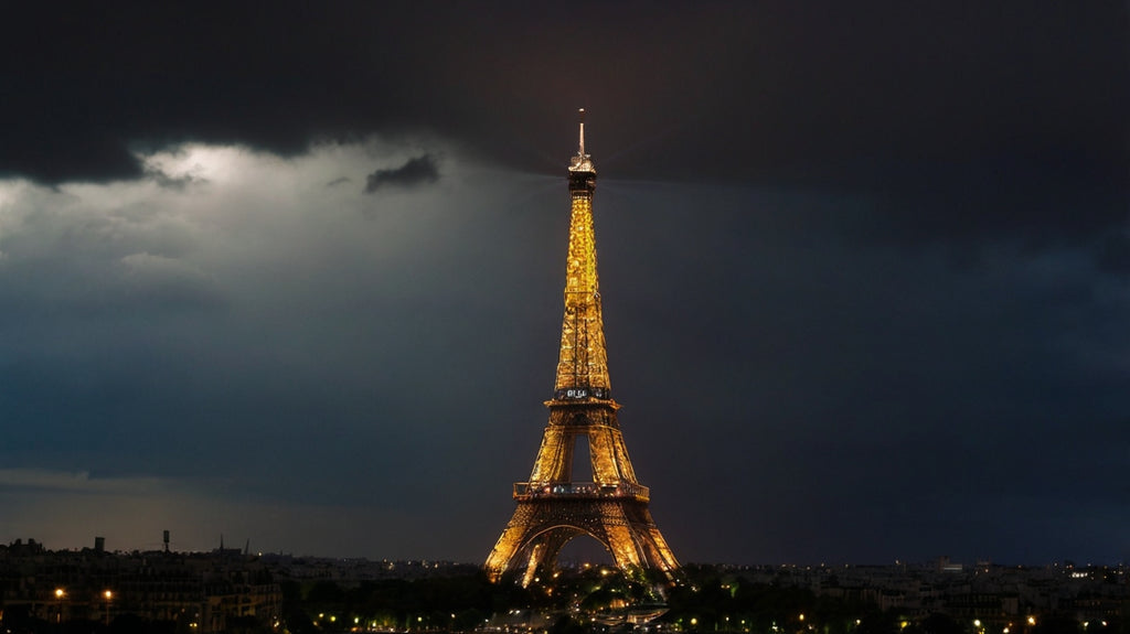 Eiffel Tower at night with stormy clouds