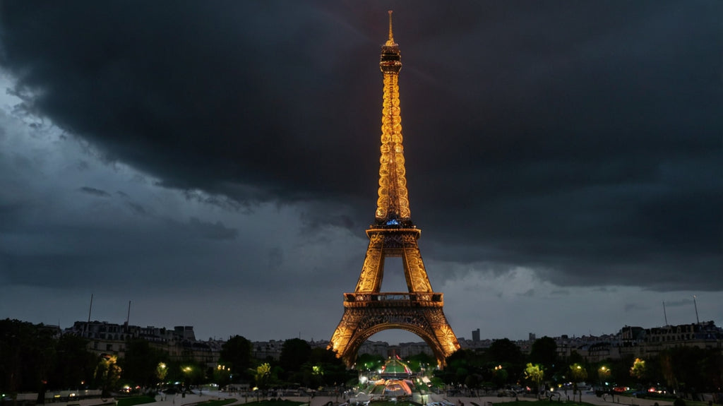 Eiffel Tower at night with stormy clouds