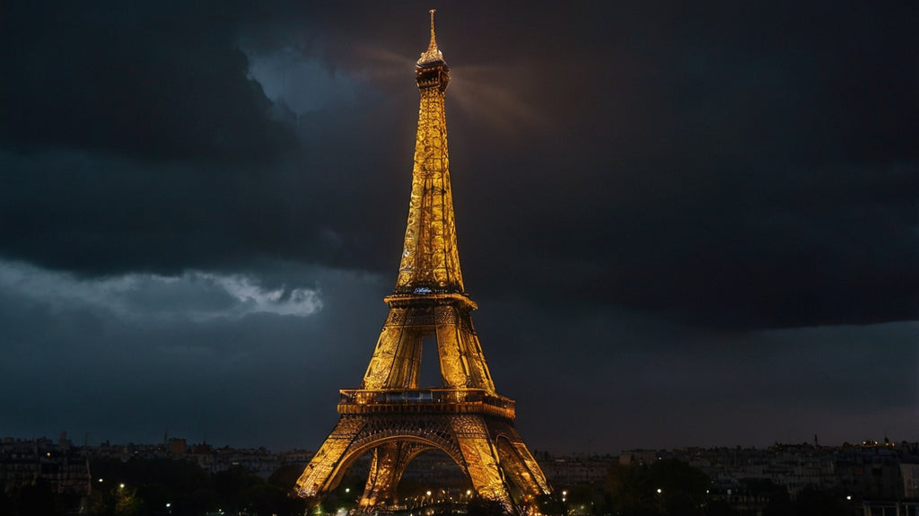 Eiffel Tower at night with stormy clouds