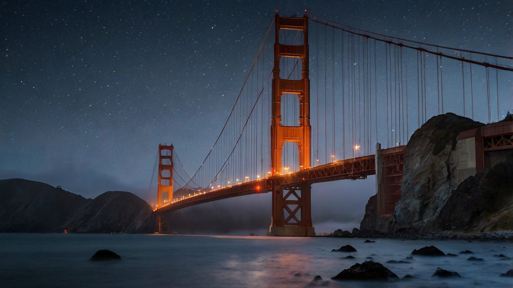 Golden Gate Bridge at night with stars and light trails