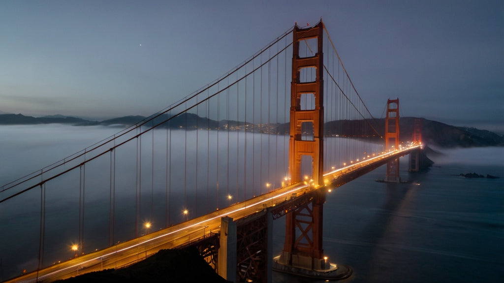 Golden Gate Bridge at night with stars and light trails