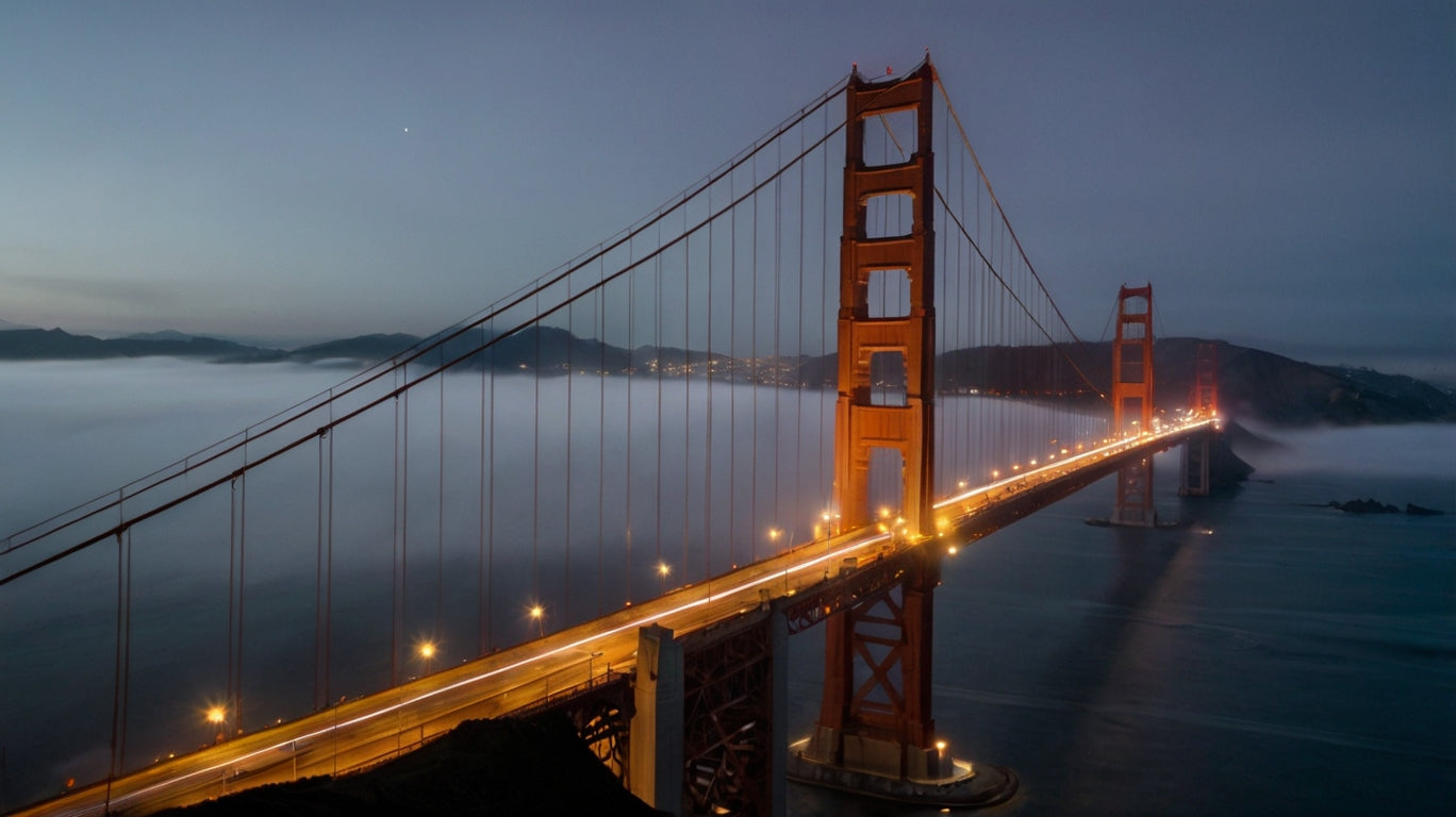 Golden Gate Bridge at night with stars and light trails