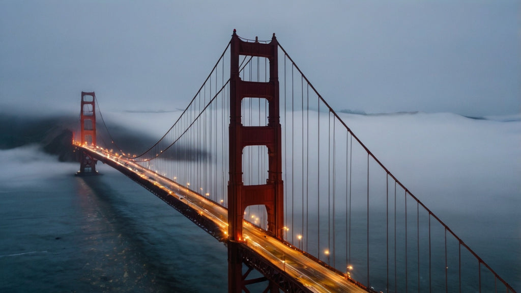 Golden Gate Bridge at night with stars and light trails