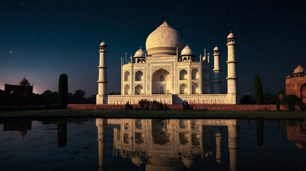 Taj Mahal at night with reflectionTitle: Eternal Reflection