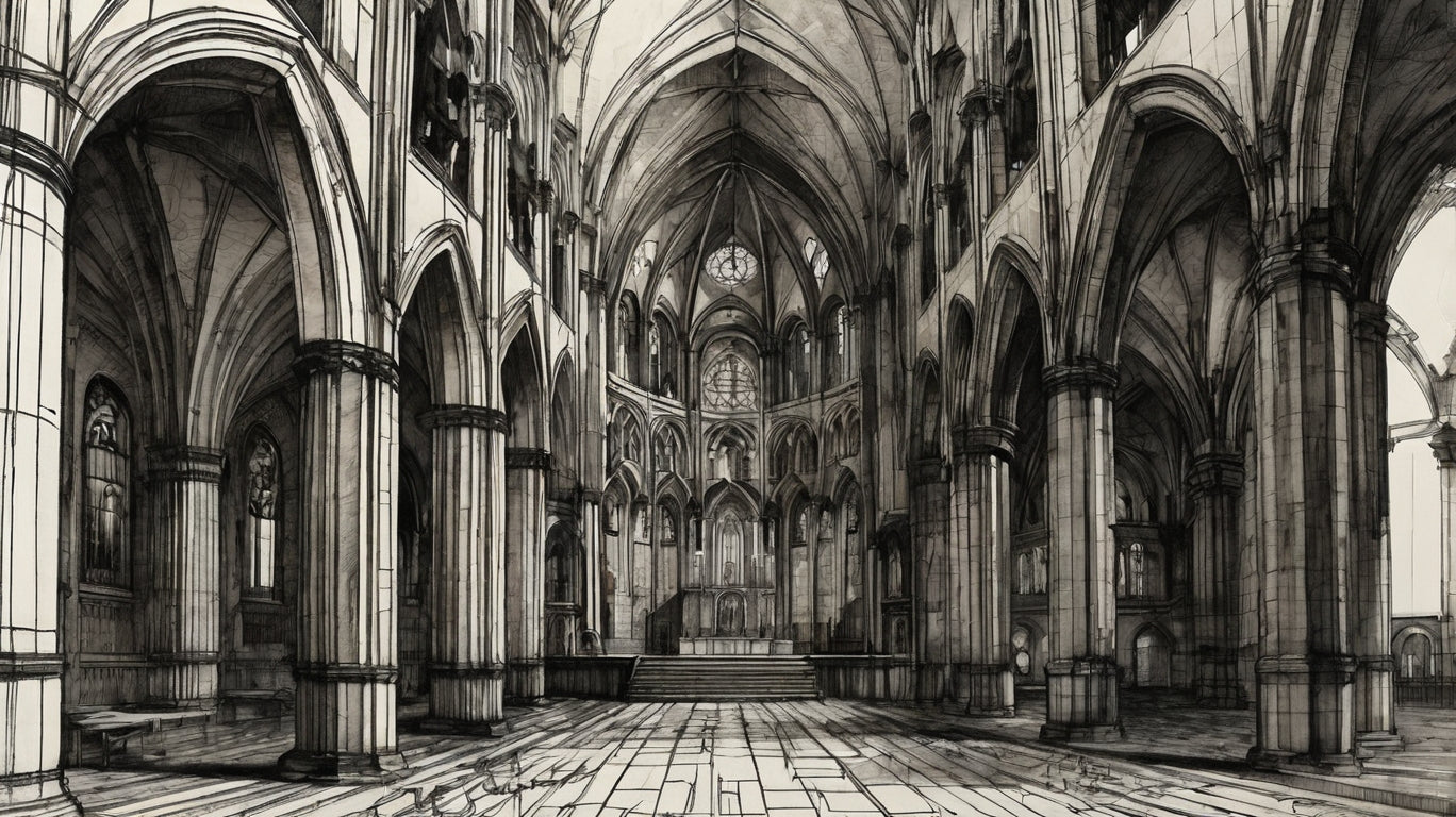 Gothic cathedral interior with arches and rose window