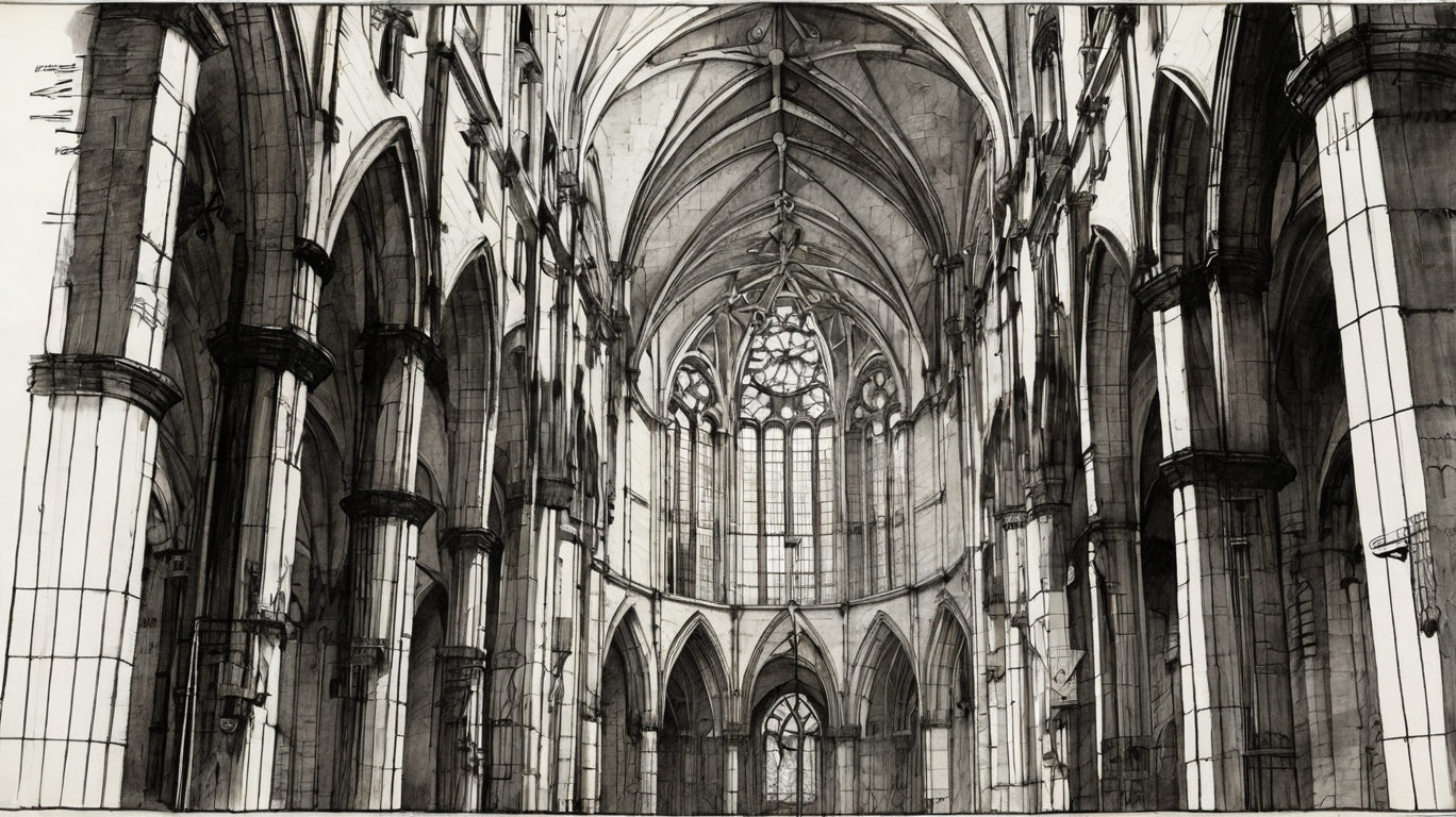 Gothic cathedral interior with arches and rose window