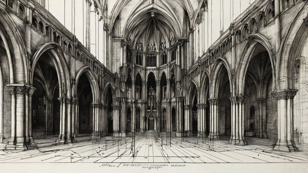 Gothic cathedral interior with arches and rose window