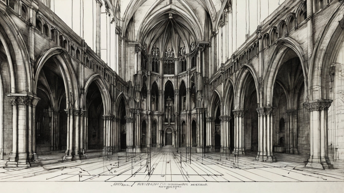 Gothic cathedral interior with arches and rose window