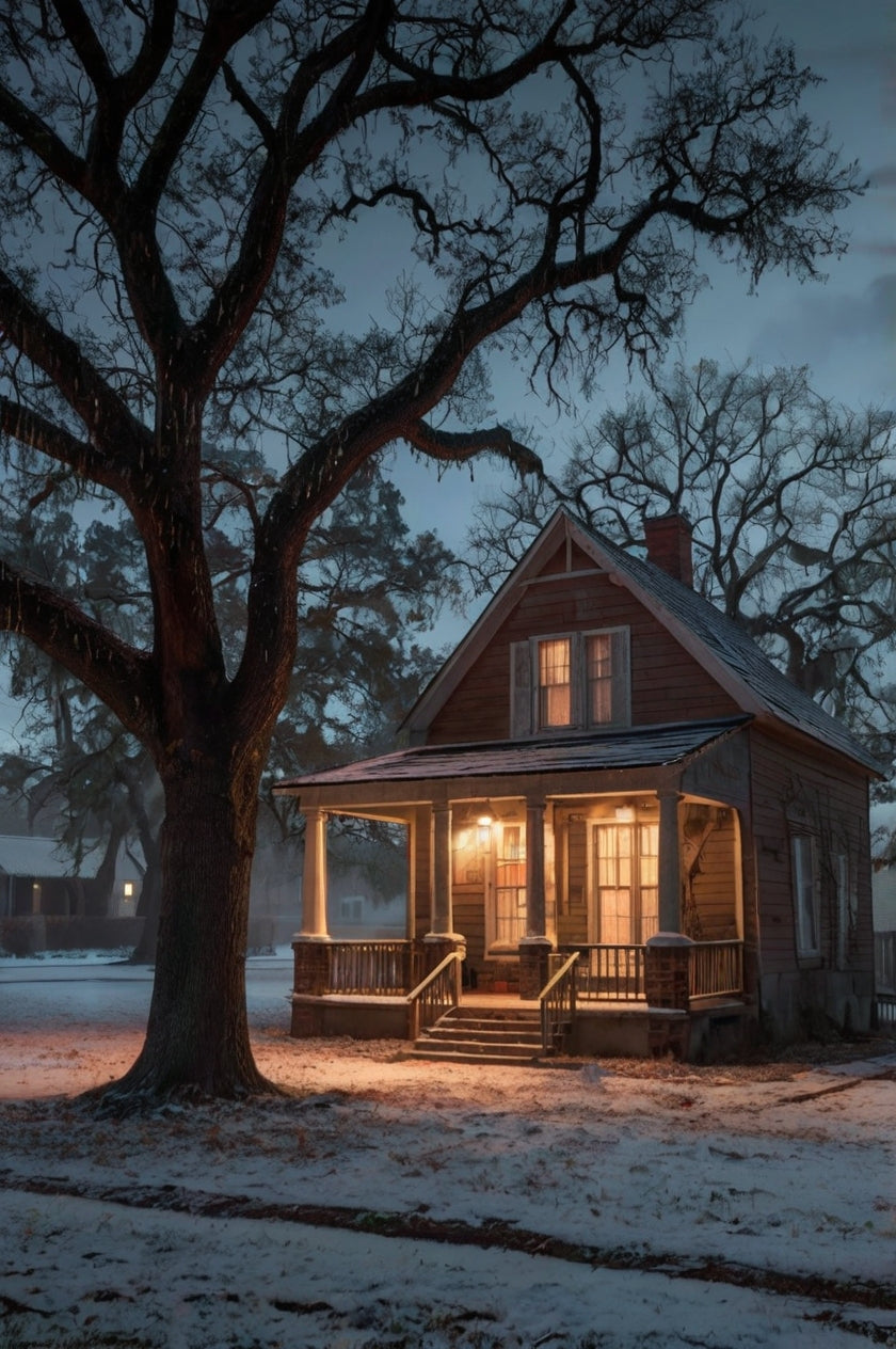 Classic White Farmhouse with Wraparound Porch at Night