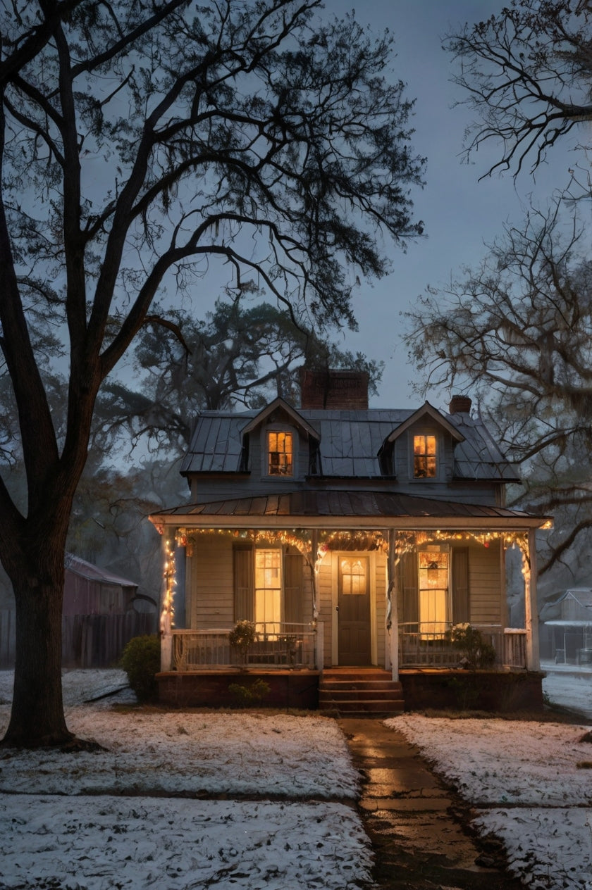 Classic White Farmhouse with Wraparound Porch at Night