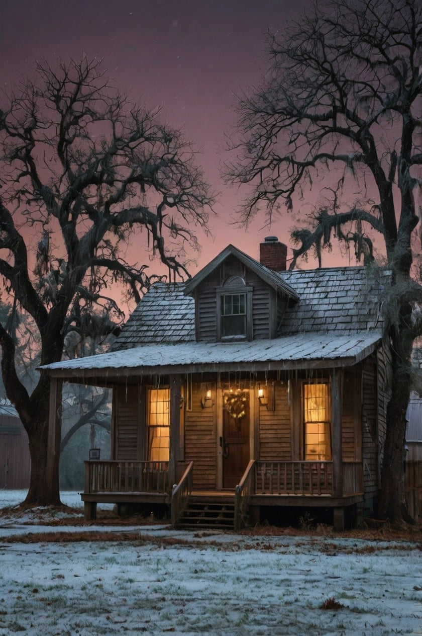 Classic White Farmhouse with Wraparound Porch at Night