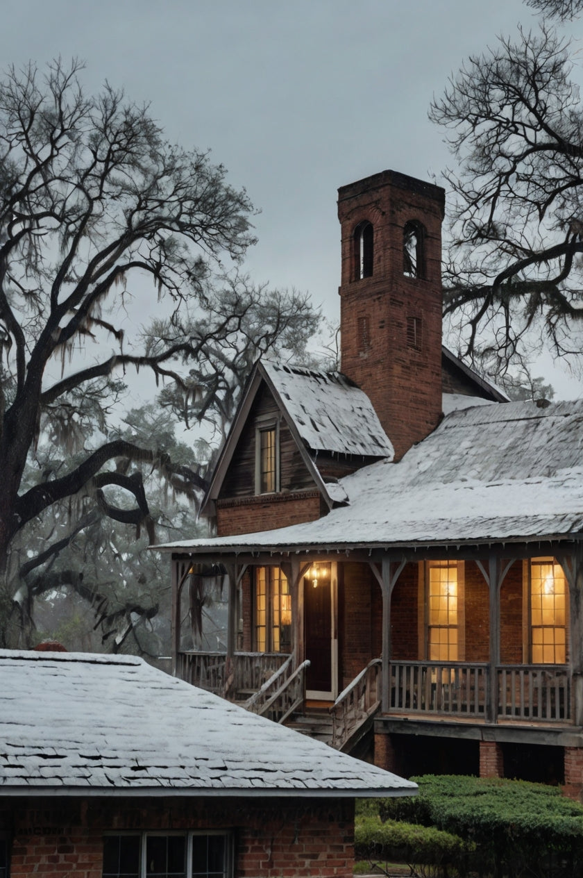 Classic White Farmhouse with Wraparound Porch at Night