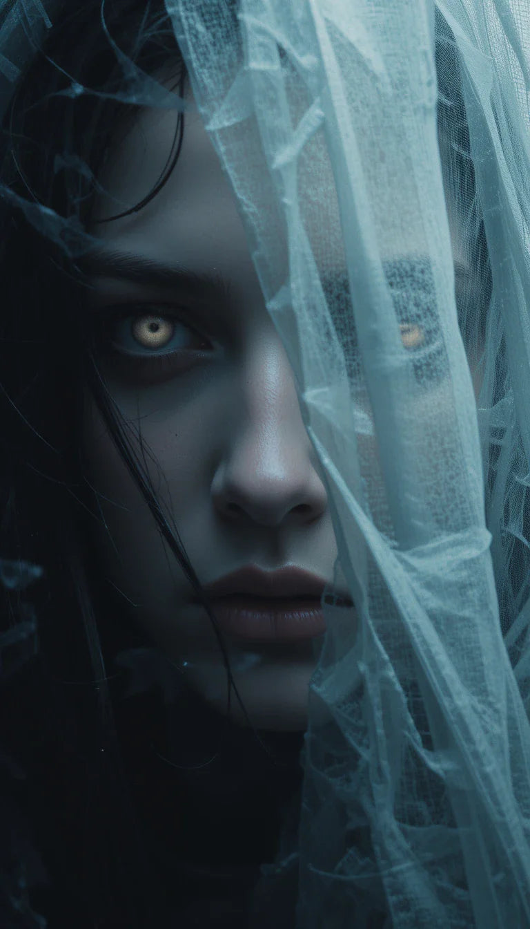 Veiled Enigma – Mysterious Woman with Golden Eyes Monochrome Portrait