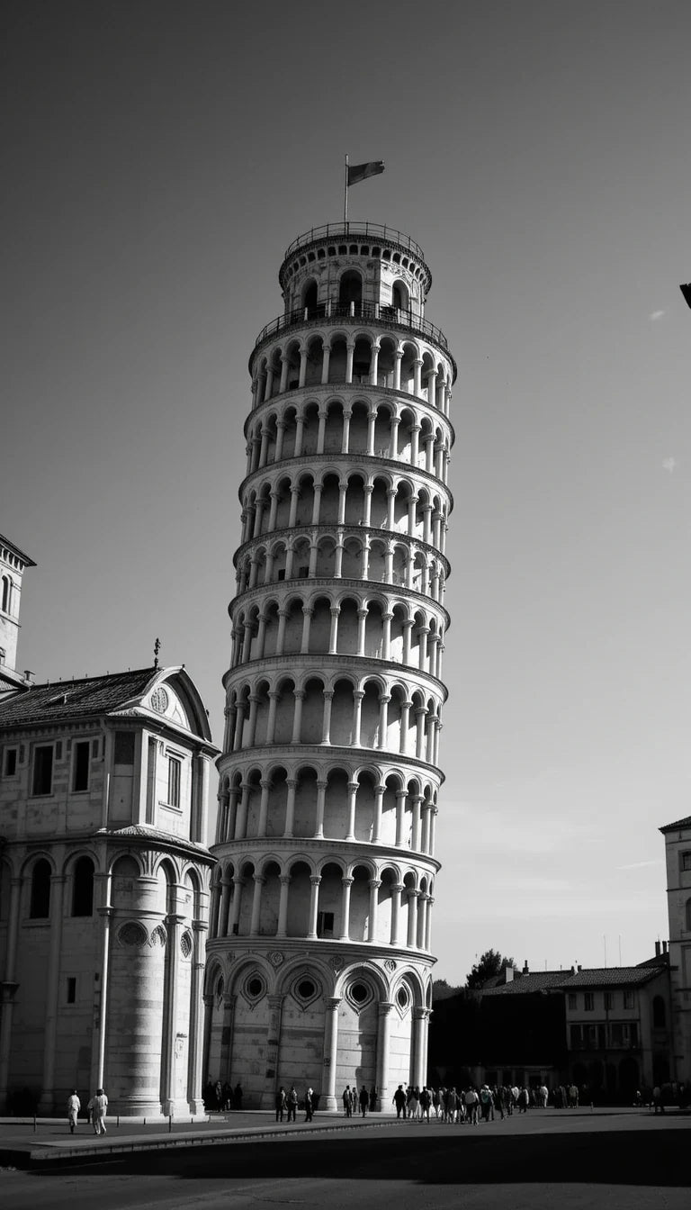 Leaning Tower of Pisa Black and White Photography – Classic Italian Landmark Print