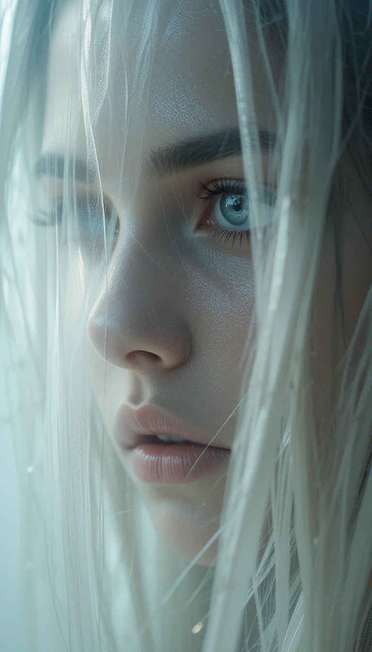 Veiled Enigma – Mysterious Woman with Golden Eyes Monochrome Portrait