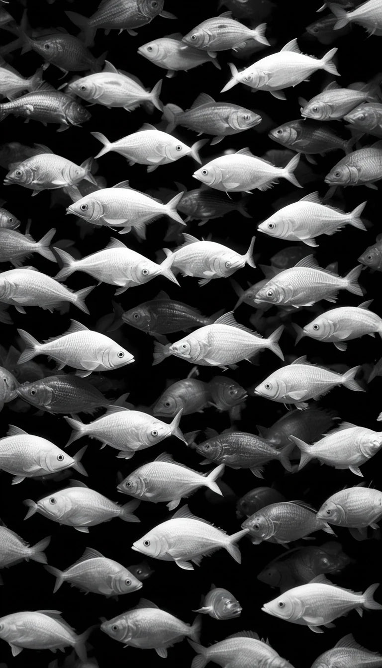 Underwater School of Fish with Sun Rays - Ethereal Black and White Ocean Photography Print