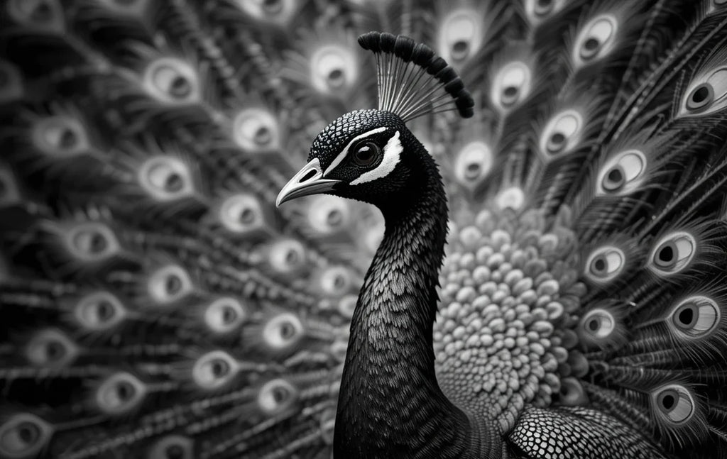 Majestic Peacock Portrait in Black and White – Elegant Bird Photography Wall Art