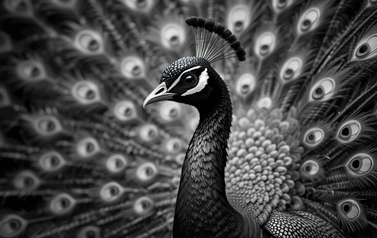 Majestic Peacock Portrait in Black and White – Elegant Bird Photography Wall Art