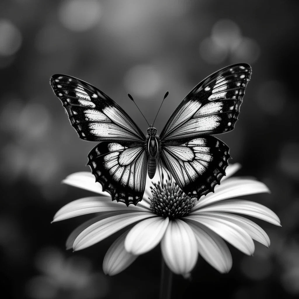 Elegant Butterfly on Daisy - Monochrome Macro Insect Photography Wall Art