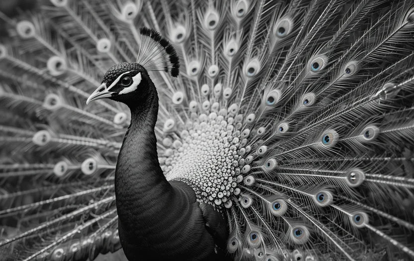 Majestic Peacock Portrait in Black and White – Elegant Bird Photography Wall Art