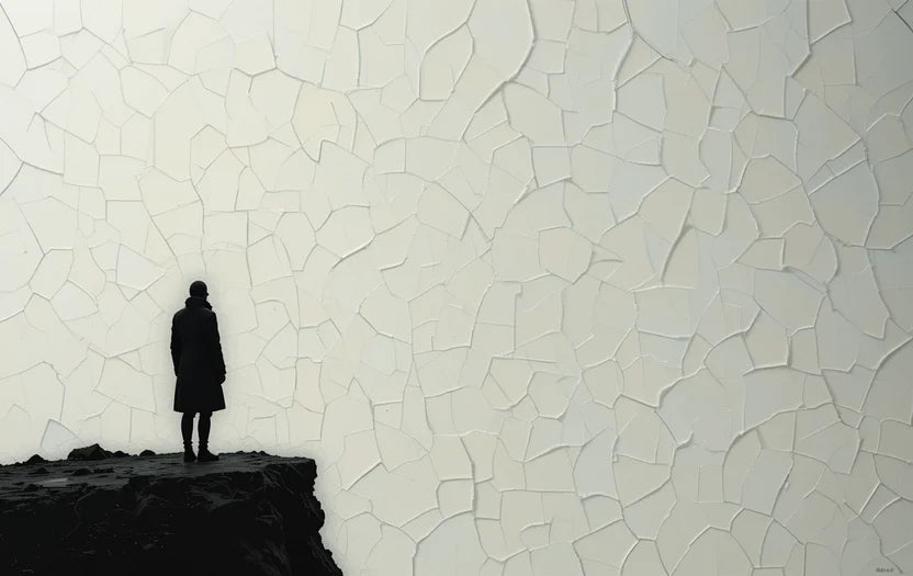 Black and White Minimalist Silhouette Against Textured Wall Print