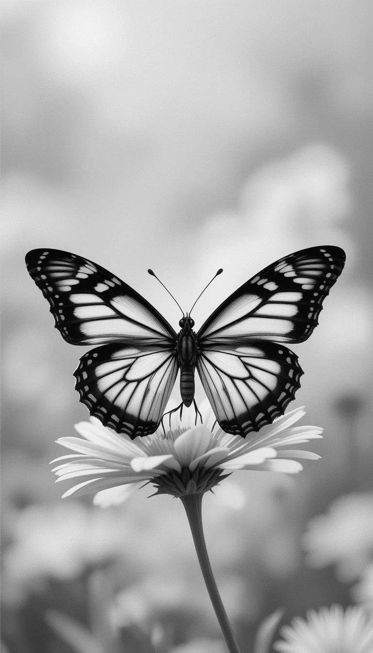Elegant Butterfly on Daisy - Monochrome Macro Insect Photography Wall Art