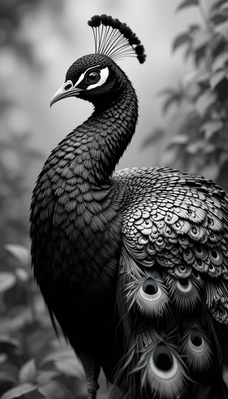 Majestic Peacock Portrait in Black and White – Elegant Bird Photography Wall Art