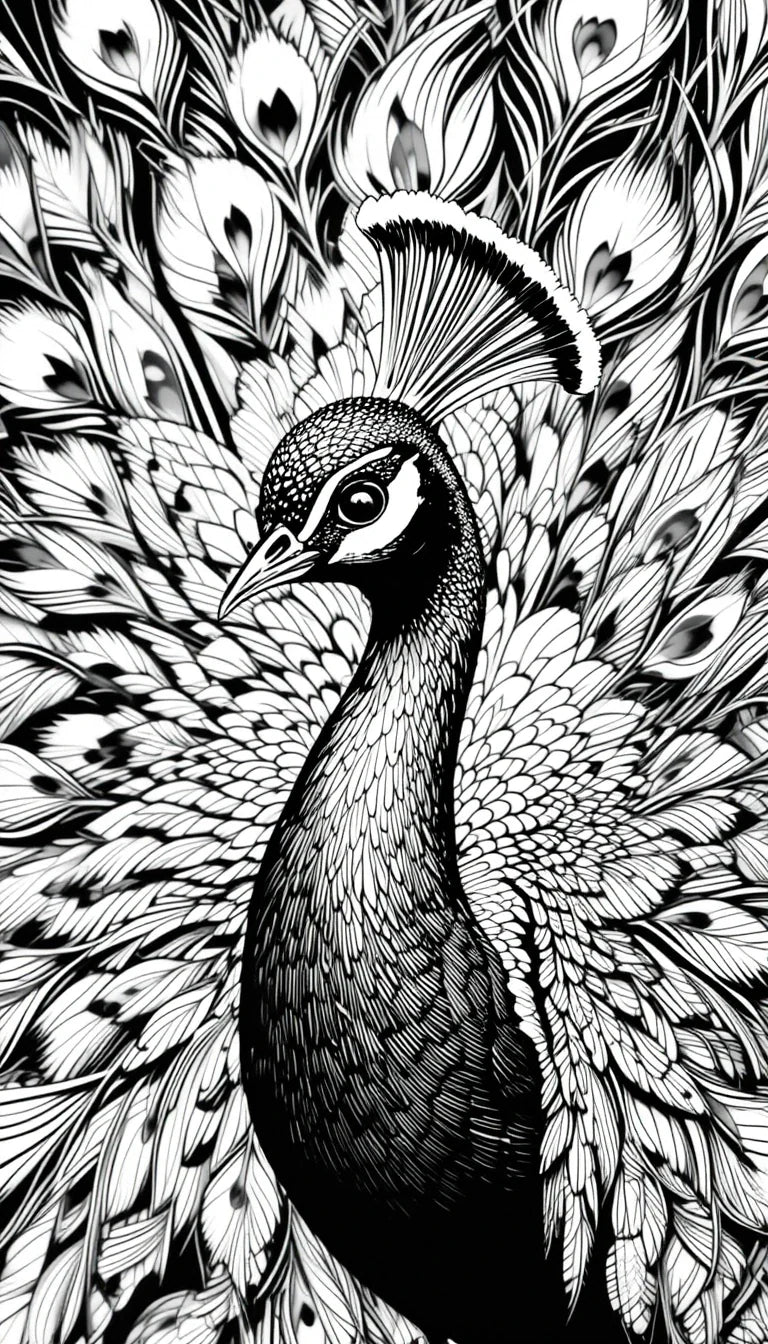 Majestic Peacock Portrait in Black and White – Elegant Bird Photography Wall Art