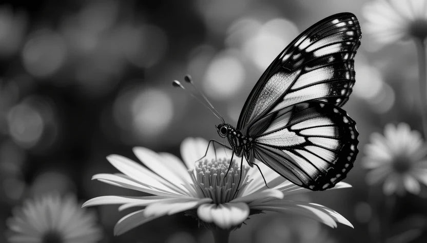 Elegant Butterfly on Daisy - Monochrome Macro Insect Photography Wall Art