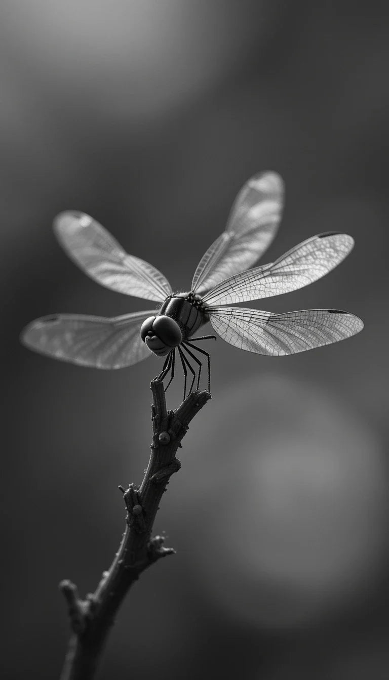 Black and White Dragonfly Perched on Twig - Macro Wildlife Photography Wall Art Print