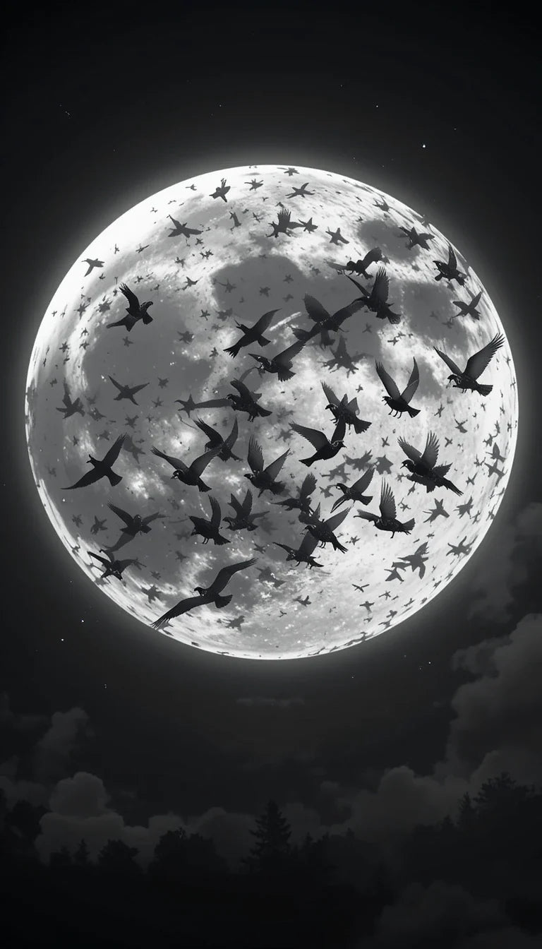 Flock of Birds Silhouetted Against Full Moon – Dramatic Black and White Wall Art  £10.00 GBP