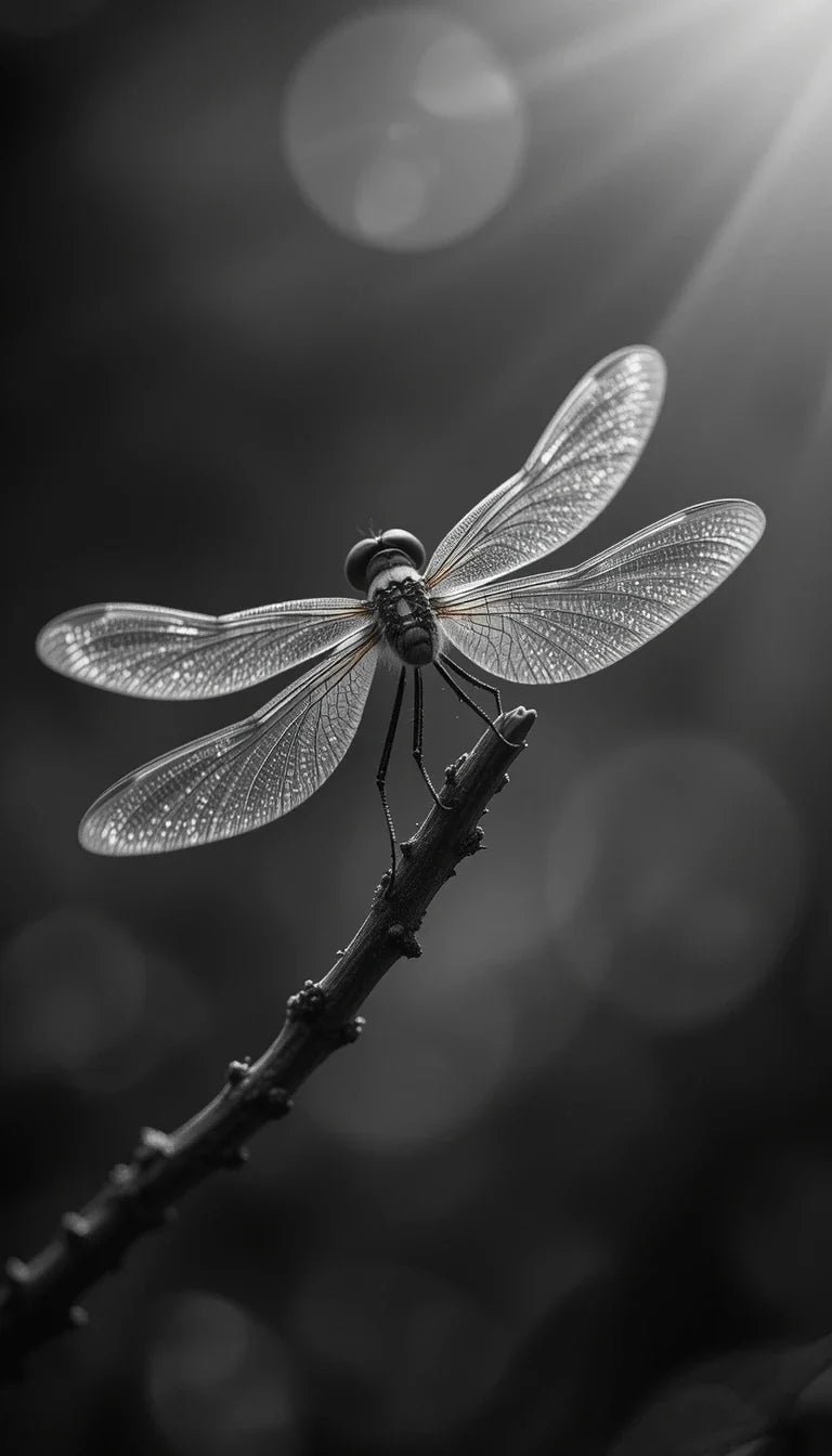 Black and White Dragonfly Perched on Twig - Macro Wildlife Photography Wall Art Print