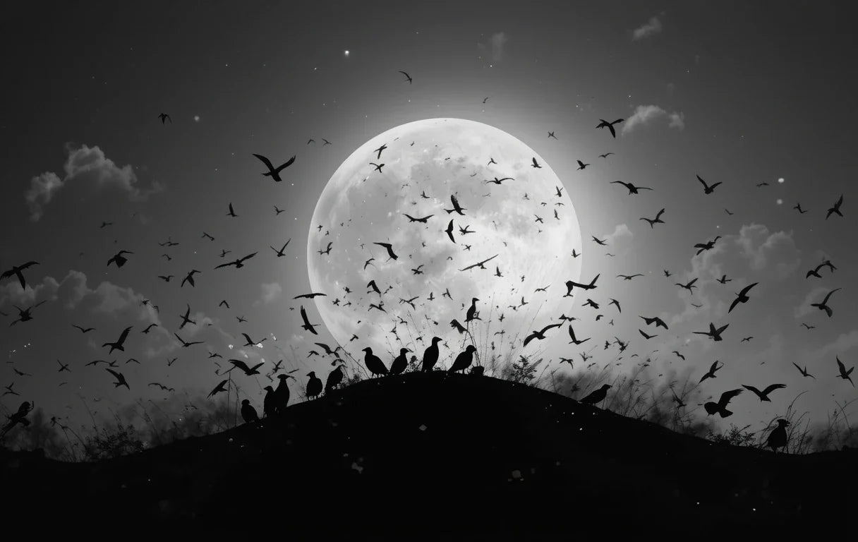 Flock of Birds Silhouetted Against Full Moon – Dramatic Black and White Wall Art  £10.00 GBP