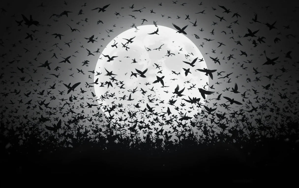Flock of Birds Silhouetted Against Full Moon – Dramatic Black and White Wall Art  £10.00 GBP
