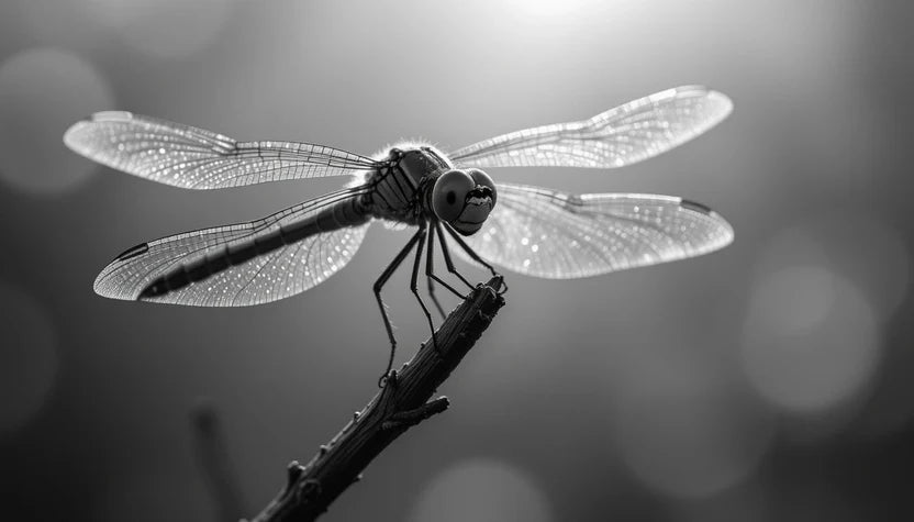 Black and White Dragonfly Perched on Twig - Macro Wildlife Photography Wall Art Print