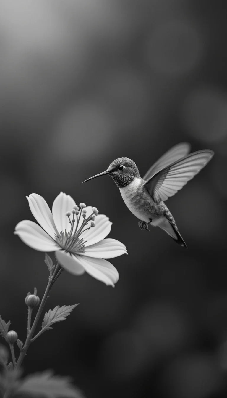Black and White Hummingbird in Flight – Fine Art Nature Photography Print