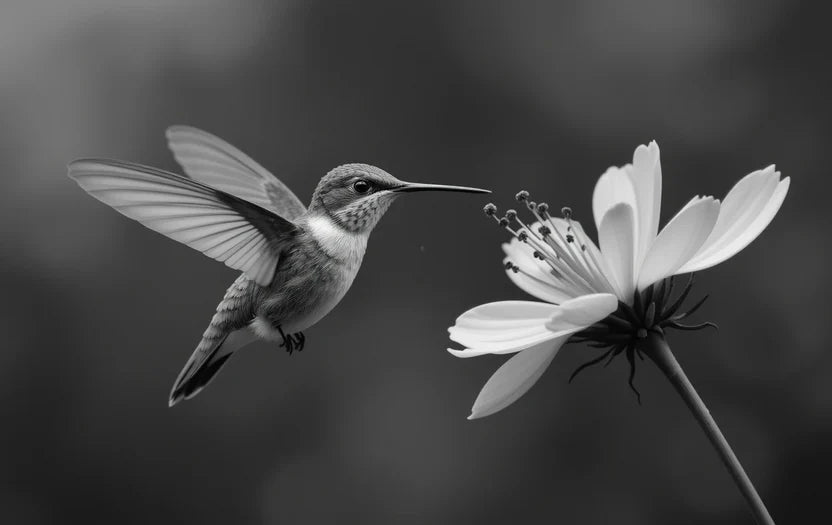 Black and White Hummingbird in Flight – Fine Art Nature Photography Print