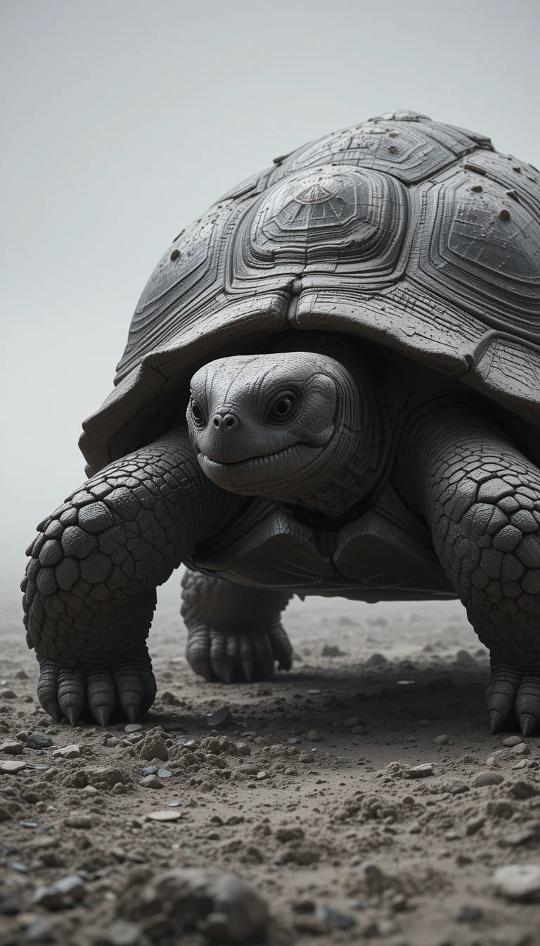 Ancient Tortoise Close-Up Portrait – Timeless Black and White Reptile Fine Art