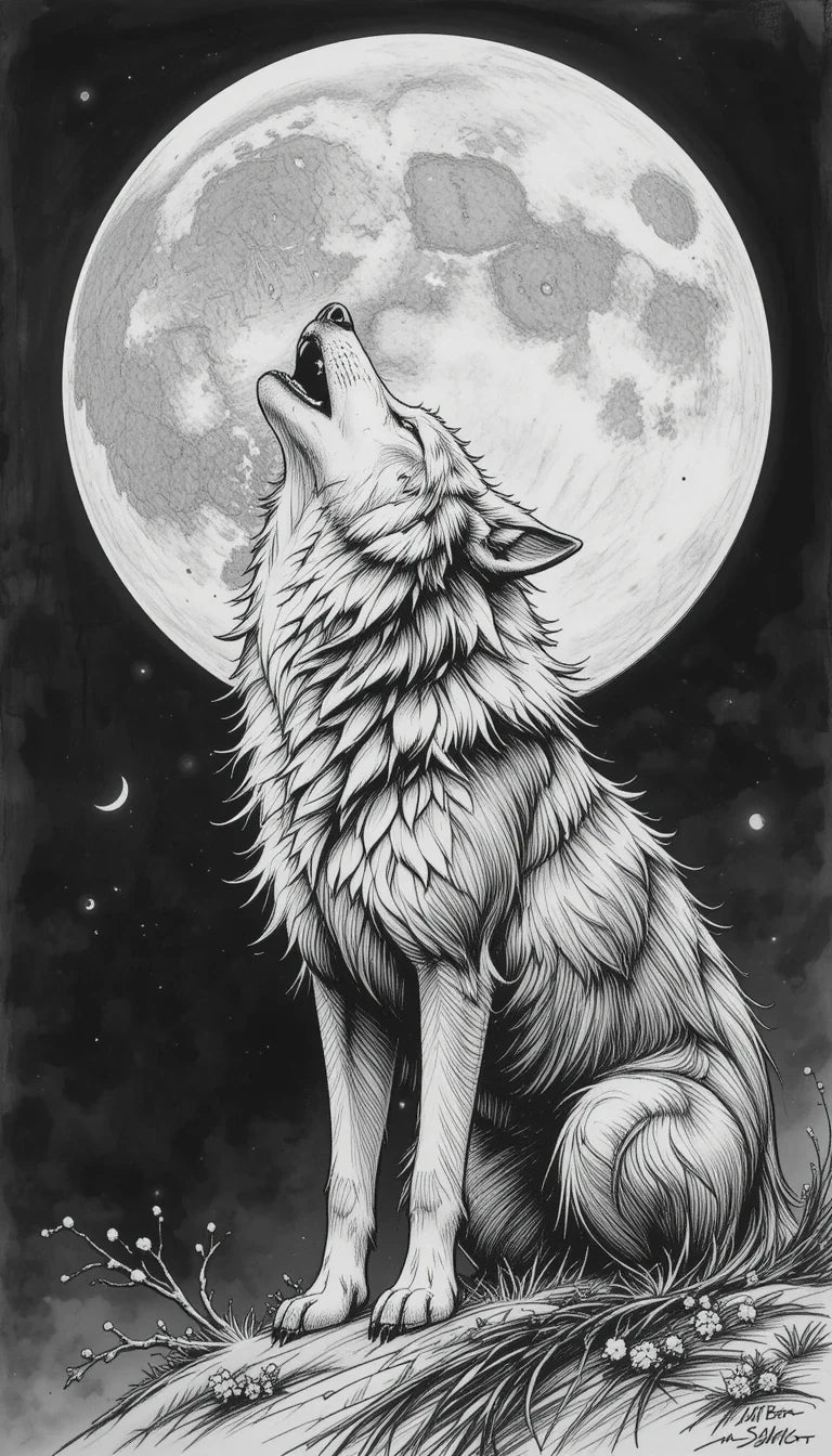 Wolf howling at full moon