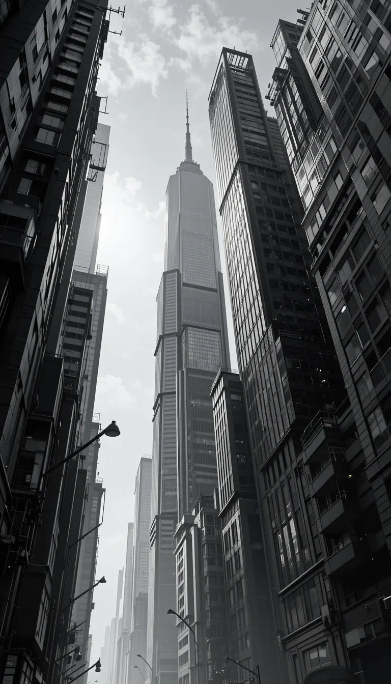 Towering City Skyscrapers View – Urban Black and White Architecture Photography