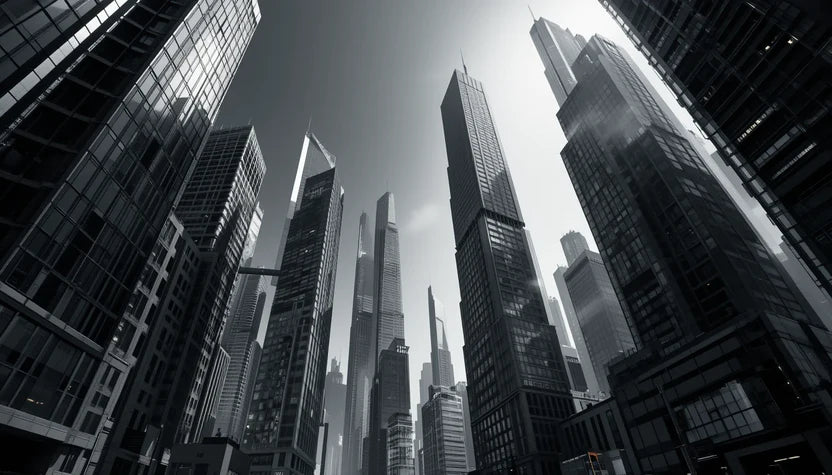 Towering City Skyscrapers View – Urban Black and White Architecture Photography