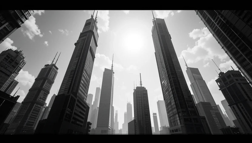 Towering City Skyscrapers View – Urban Black and White Architecture Photography