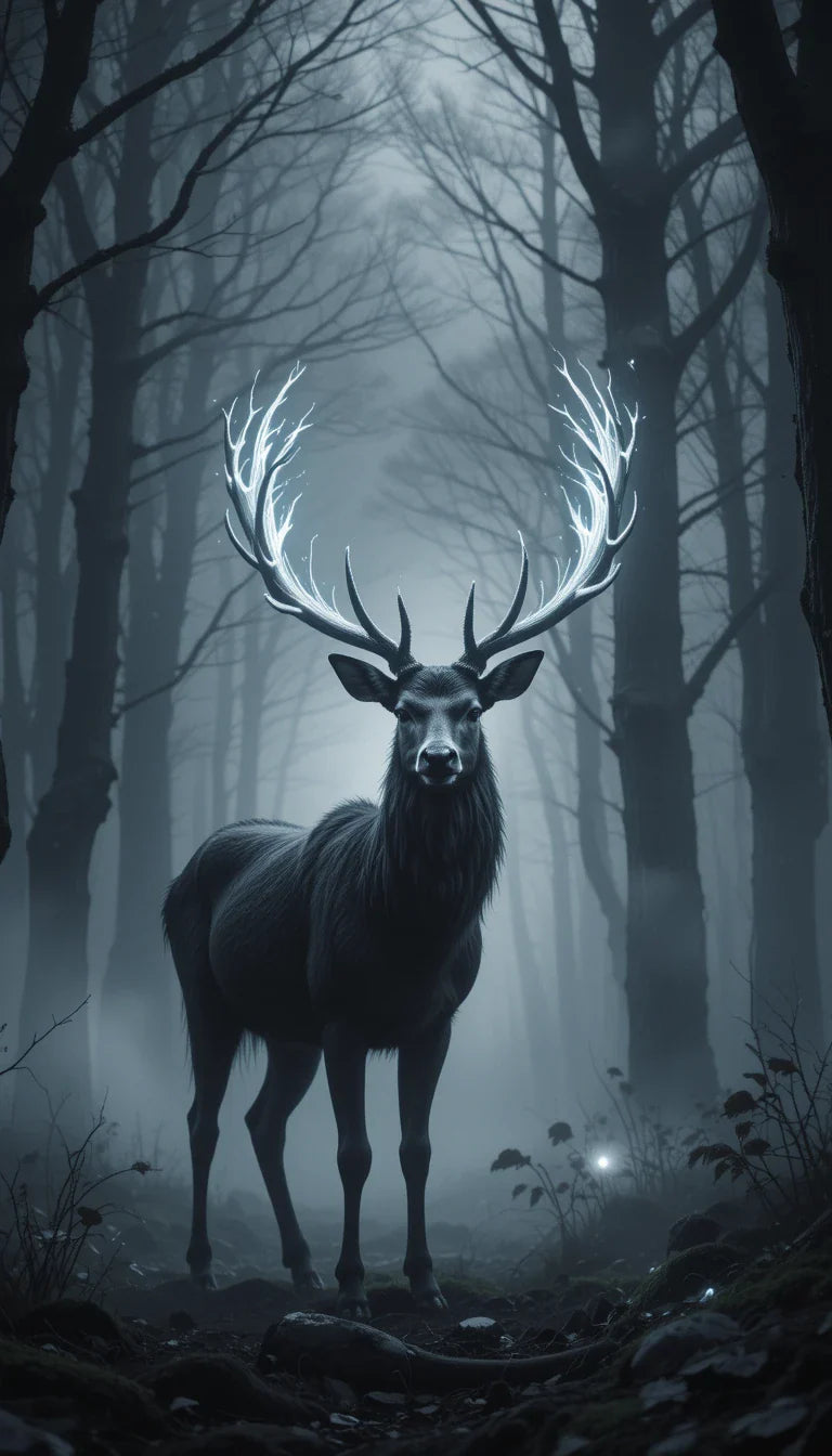 Majestic Stag in Misty Forest – Atmospheric Black and White Deer Wildlife