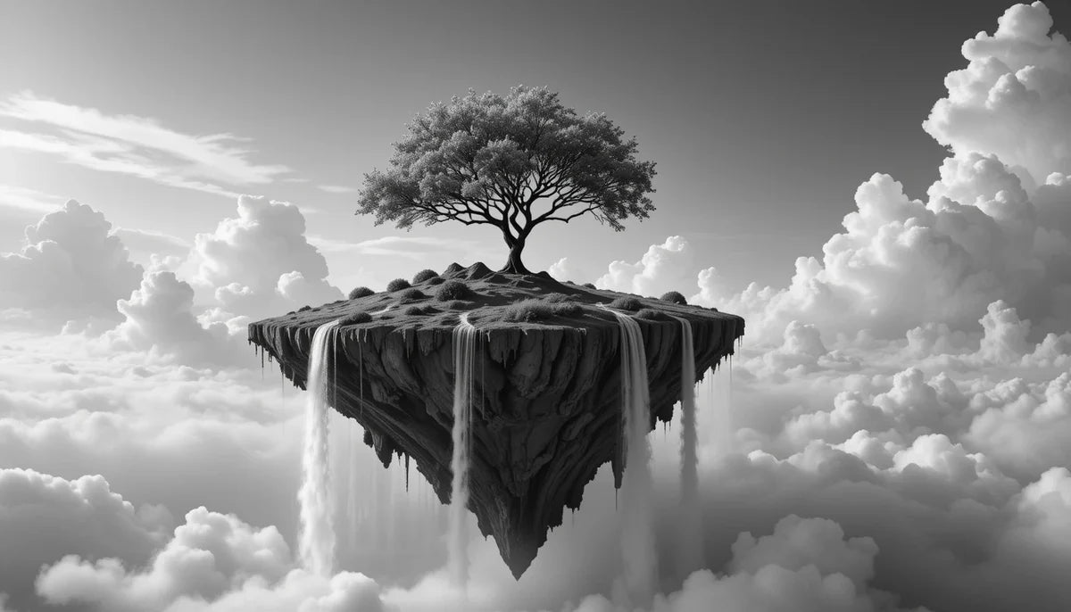 Surreal Floating Island with Waterfalls - Monochrome Fantasy Wall Art