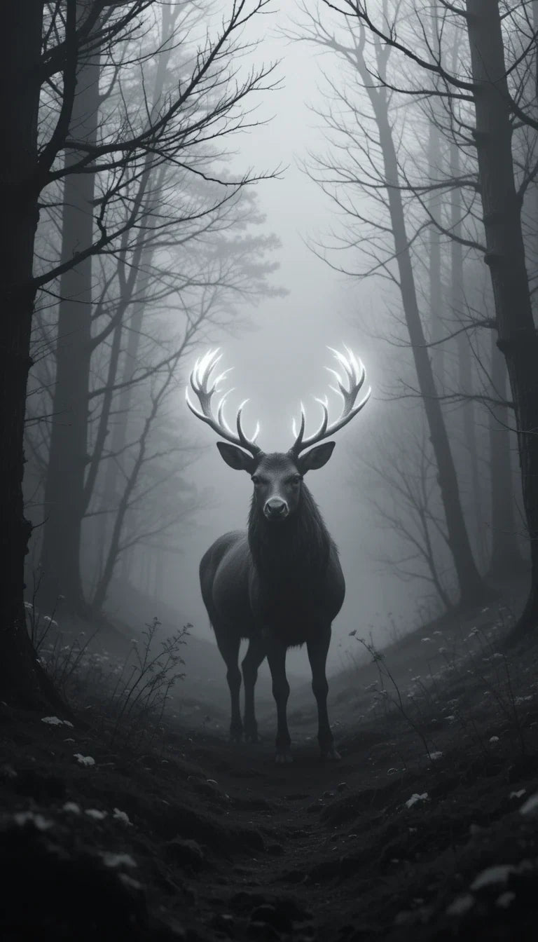 Majestic Stag in Misty Forest – Atmospheric Black and White Deer Wildlife