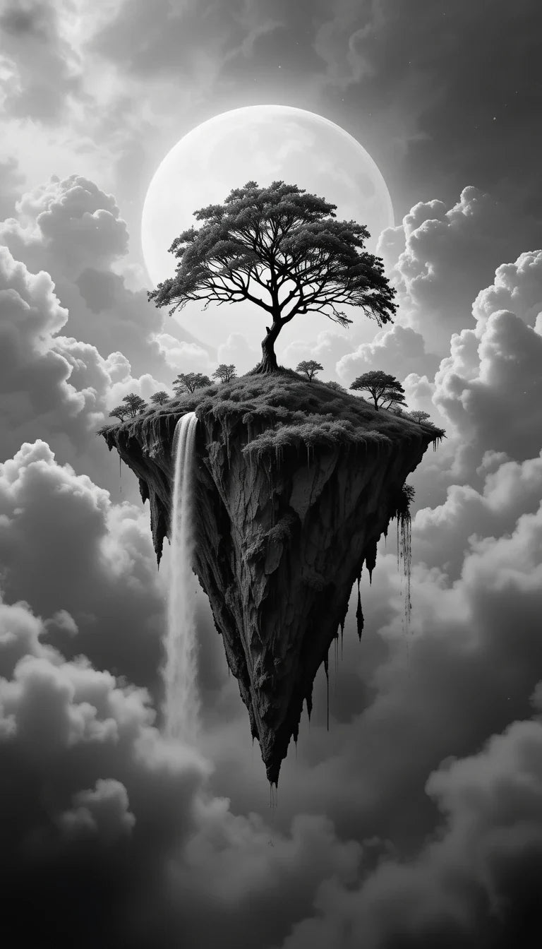 Surreal Floating Island with Waterfalls - Monochrome Fantasy Wall Art