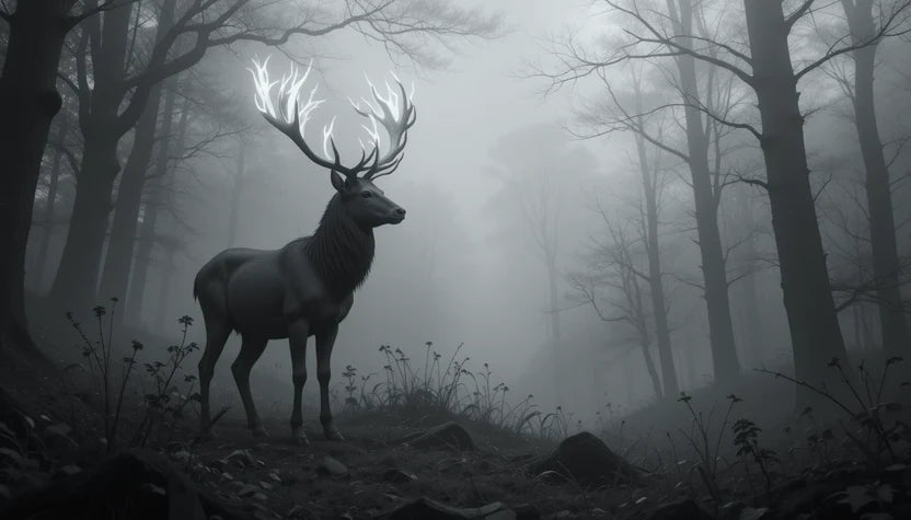 Majestic Stag in Misty Forest – Atmospheric Black and White Deer Wildlife